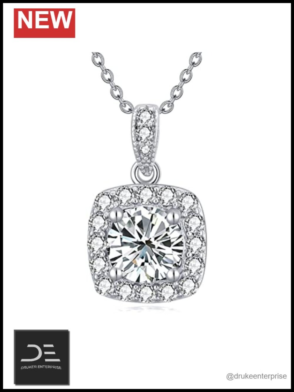 Moissanite 1ct 6.5mm Halo Pendant Necklace 18k White Gold Plated Silver 18"